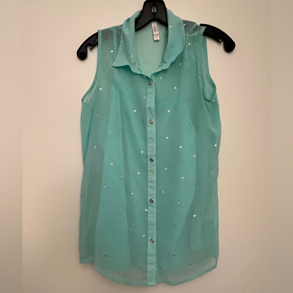 New Girls XL 14/16 Light Turquoise Sleeveless Button-Up Top